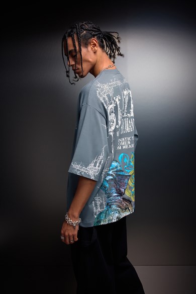 Erkek Füme Brutal Romaticism Baskılı Oversize Tshirt
