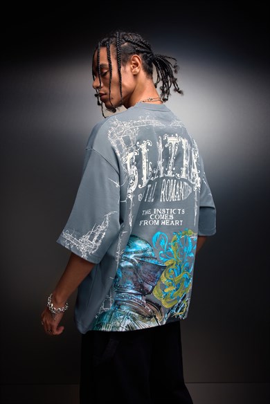 Erkek Füme Brutal Romaticism Baskılı Oversize Tshirt