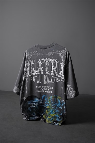 Erkek Füme Brutal Romaticism Baskılı Oversize Tshirt