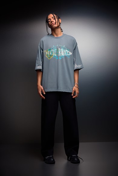 Erkek Füme Brutal Romaticism Baskılı Oversize Tshirt