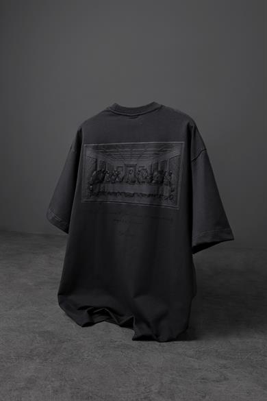 Erkek Füme Da Vinci Kabartma Baskılı Oversize Tshirt