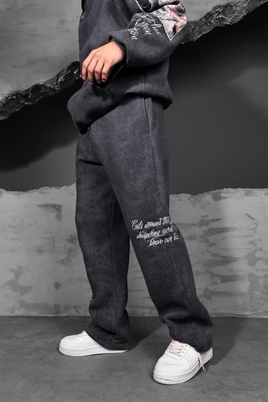 Erkek Füme İllusion Nakışlı Patchli Yıkamalı Baggy Eşofman