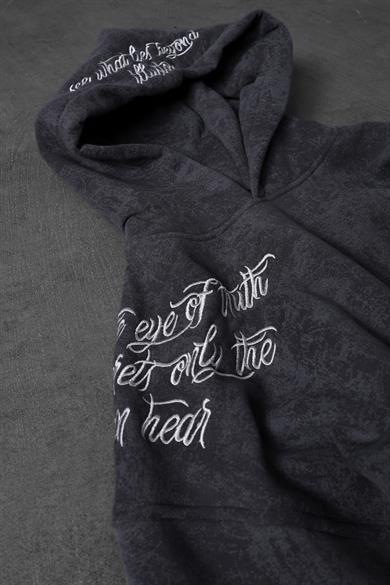 Erkek Füme İllusion Nakışlı Patchli Yıkamalı Oversize Kapüşonlu Sweatshirt