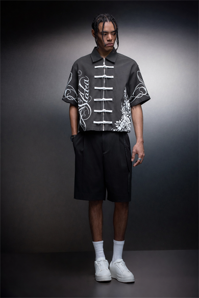 Erkek Füme İmperial Knot Baskılı Kısa Kol Box Fit Gömlek