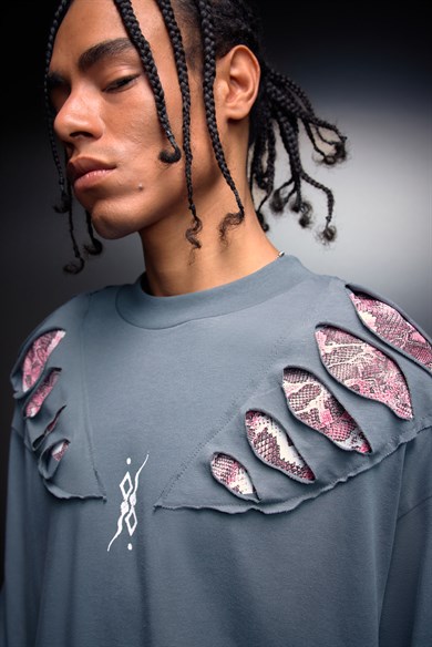 Erkek Füme Spine Efektli Baskılı Oversize Tshirt