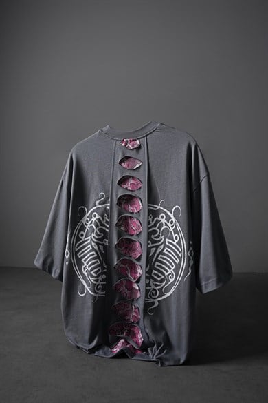 Erkek Füme Spine Efektli Baskılı Oversize Tshirt