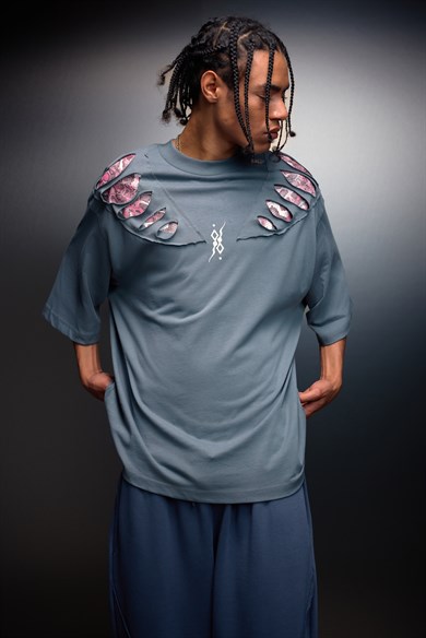 Erkek Füme Spine Efektli Baskılı Oversize Tshirt