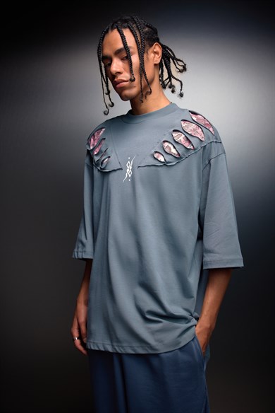 Erkek Füme Spine Efektli Baskılı Oversize Tshirt