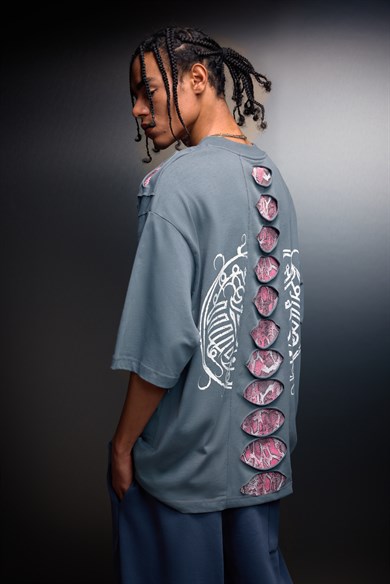 Erkek Füme Spine Efektli Baskılı Oversize Tshirt
