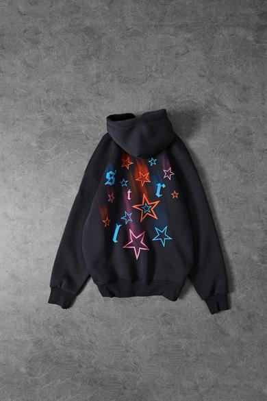 Erkek Füme Stars Kabartma Baskı Kapüşonlu Oversize Sweatshirt