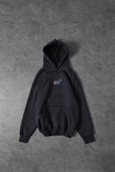 Erkek Füme Stars Kabartma Baskı Kapüşonlu Oversize Sweatshirt