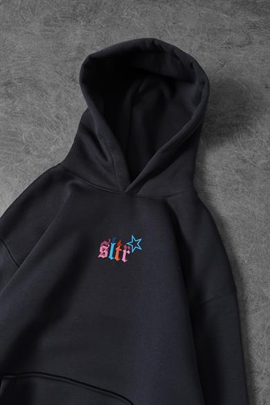 Erkek Füme Stars Kabartma Baskı Kapüşonlu Oversize Sweatshirt