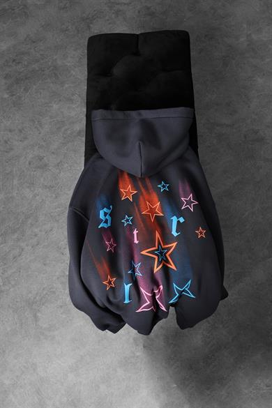 Erkek Füme Stars Kabartma Baskı Kapüşonlu Oversize Sweatshirt