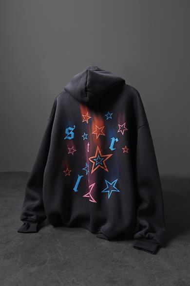 Erkek Füme Stars Kabartma Baskı Kapüşonlu Oversize Sweatshirt