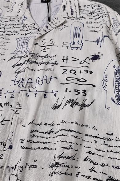 Erkek Geometrik Desen Keten Kumaş Oversize Kısa Kollu Gömlek