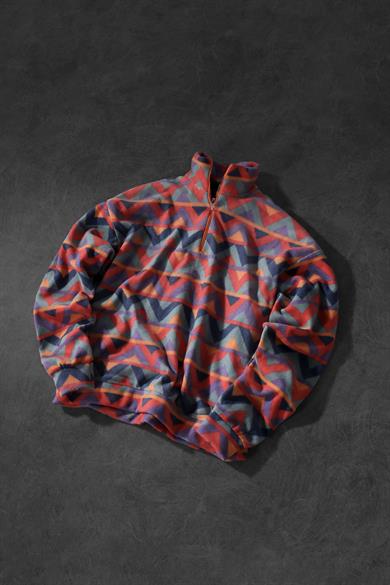 Erkek Geometrik Desen Yarım Fermuar Oversize Polar Sweatshirt