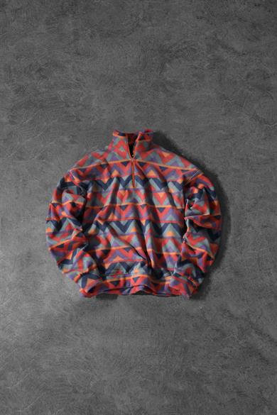 Erkek Geometrik Desen Yarım Fermuar Oversize Polar Sweatshirt
