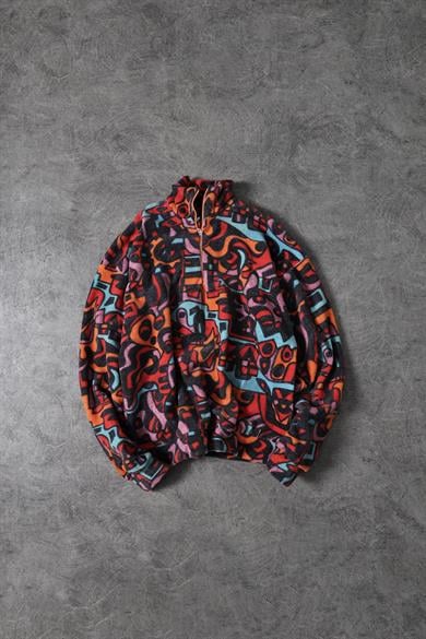 Erkek Grafiti Desen Yarım Fermuar Oversize Polar Sweatshirt