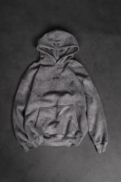 Erkek Gri Antik Desen Nakışlı Yıkamalı Oversize Kapüşonlu Sweatshirt