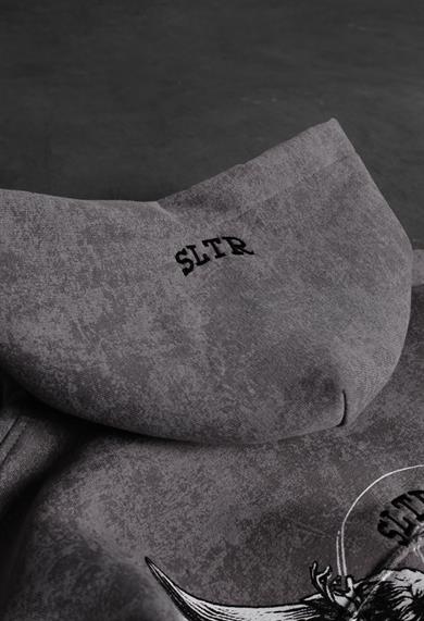 Erkek Gri Antik Desen Nakışlı Yıkamalı Oversize Kapüşonlu Sweatshirt