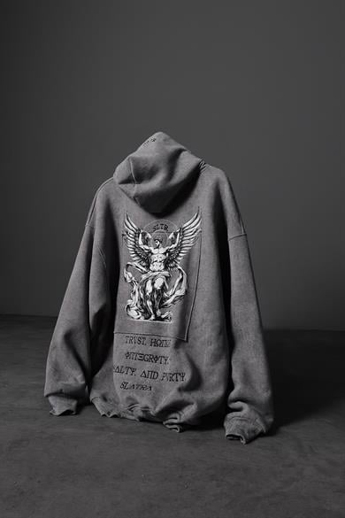 Erkek Gri Antik Desen Nakışlı Yıkamalı Oversize Kapüşonlu Sweatshirt