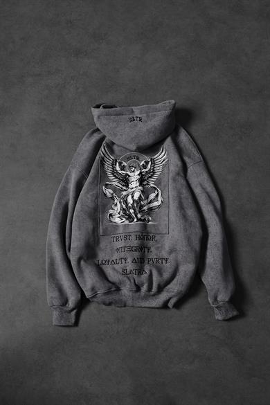 Erkek Gri Antik Desen Nakışlı Yıkamalı Oversize Kapüşonlu Sweatshirt