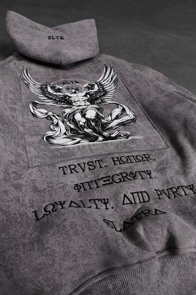 Erkek Gri Antik Desen Nakışlı Yıkamalı Oversize Kapüşonlu Sweatshirt