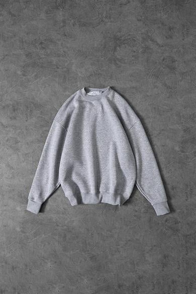 Erkek Gri Basic Bisiklet Yaka Oversize Sweatshirt