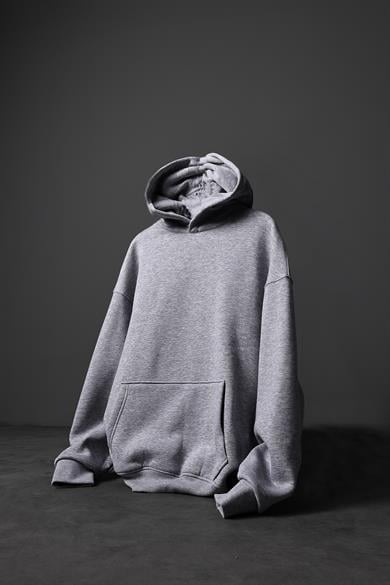 Erkek Gri Basic Kapüşonlu Oversize Sweatshirt