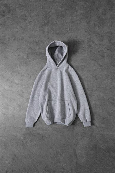 Erkek Gri Basic Kapüşonlu Oversize Sweatshirt