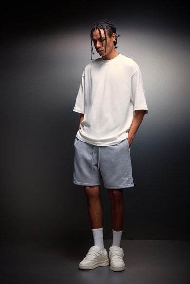 Erkek Gri Basic Nakışlı Diz Üstü Şort