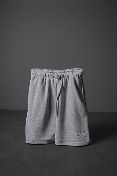 Erkek Gri Basic Nakışlı Diz Üstü Şort