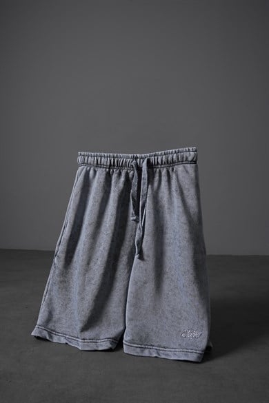 Erkek Gri Basic Yıkama Efektli Diz Üstü Şort