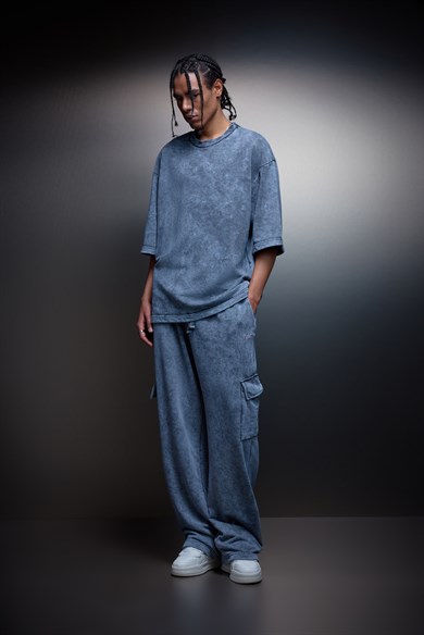 Erkek Gri Basic Yıkama Efektli Kargo Cepli Baggy Eşofman