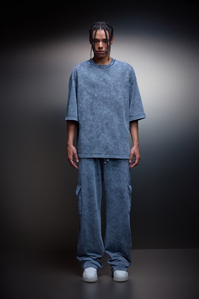 Erkek Gri Basic Yıkama Efektli Kargo Cepli Baggy Eşofman