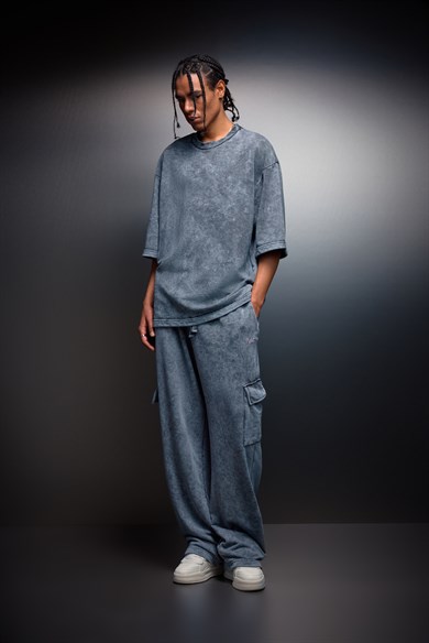 Erkek Gri Basic Yıkama Efektli Kargo Cepli Baggy Eşofman
