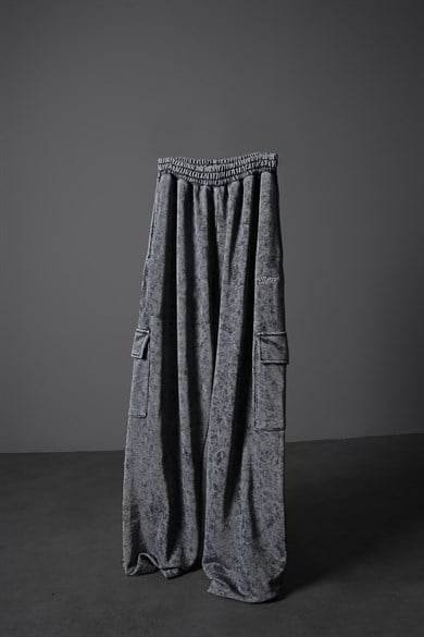 Erkek Gri Basic Yıkama Efektli Kargo Cepli Baggy Eşofman