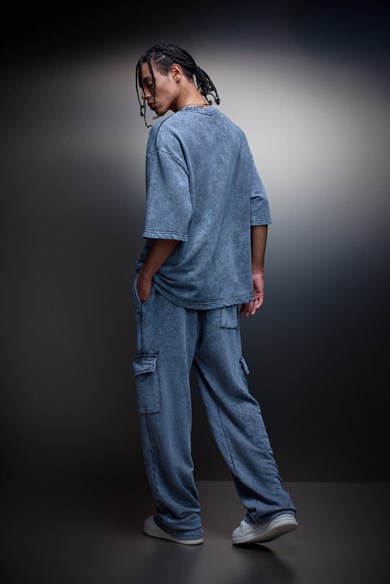 Erkek Gri Basic Yıkama Efektli Kargo Cepli Baggy Eşofman