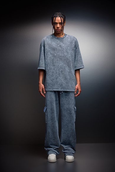 Erkek Gri Basic Yıkama Efektli Kargo Cepli Baggy Eşofman