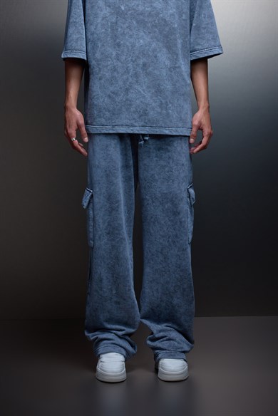 Erkek Gri Basic Yıkama Efektli Kargo Cepli Baggy Eşofman