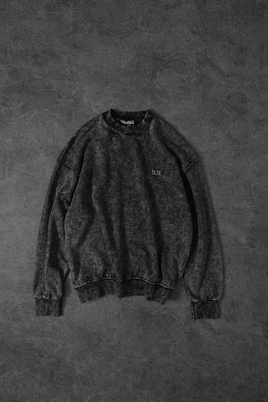 Erkek Gri Basic Yıkamalı Bisiklet Yaka Oversize Sweatshirt