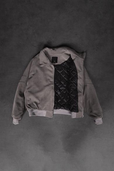 Erkek Gri Bomber Fermuarlı Astarlı Kadife Fitilli Ceket