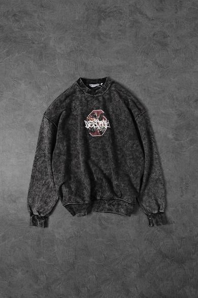 Erkek Gri Desire Yıkamalı Bisiklet Yaka Oversize Sweatshirt