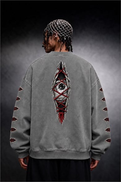 Erkek Gri Eyes Nakış Özel Yıkamalı Oversize Sweatshirt