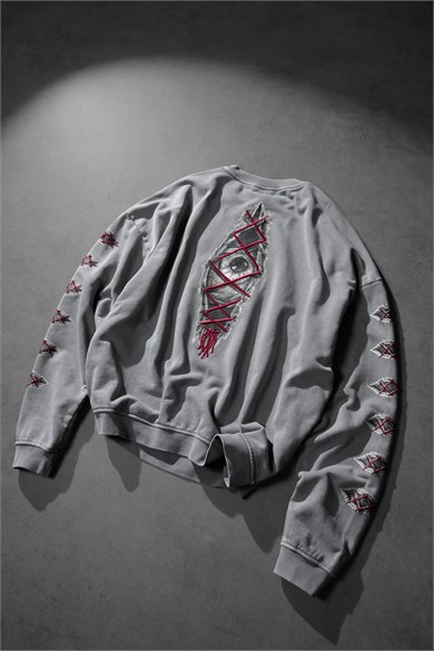 Erkek Gri Eyes Nakış Özel Yıkamalı Oversize Sweatshirt