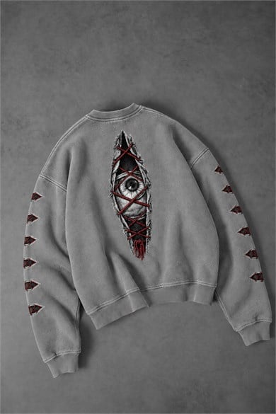 Erkek Gri Eyes Nakış Özel Yıkamalı Oversize Sweatshirt