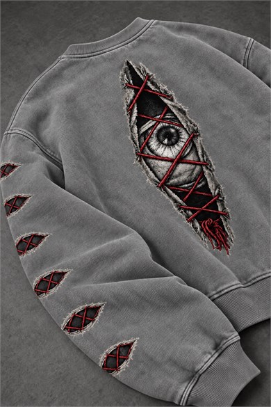 Erkek Gri Eyes Nakış Özel Yıkamalı Oversize Sweatshirt