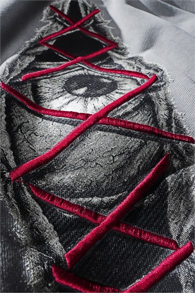 Erkek Gri Eyes Nakış Özel Yıkamalı Oversize Sweatshirt