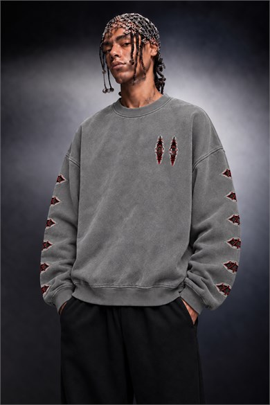 Erkek Gri Eyes Nakış Özel Yıkamalı Oversize Sweatshirt