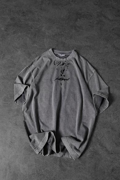 Erkek Gri Fallapart Özel Yıkamalı Kumaş Oversize Tshirt